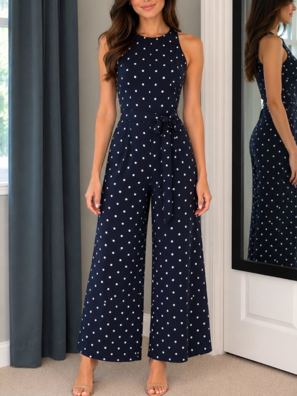 Banana Republic Navy Polka Dot Wide Leg Jumpsuit Belted Sleeveless Size 0